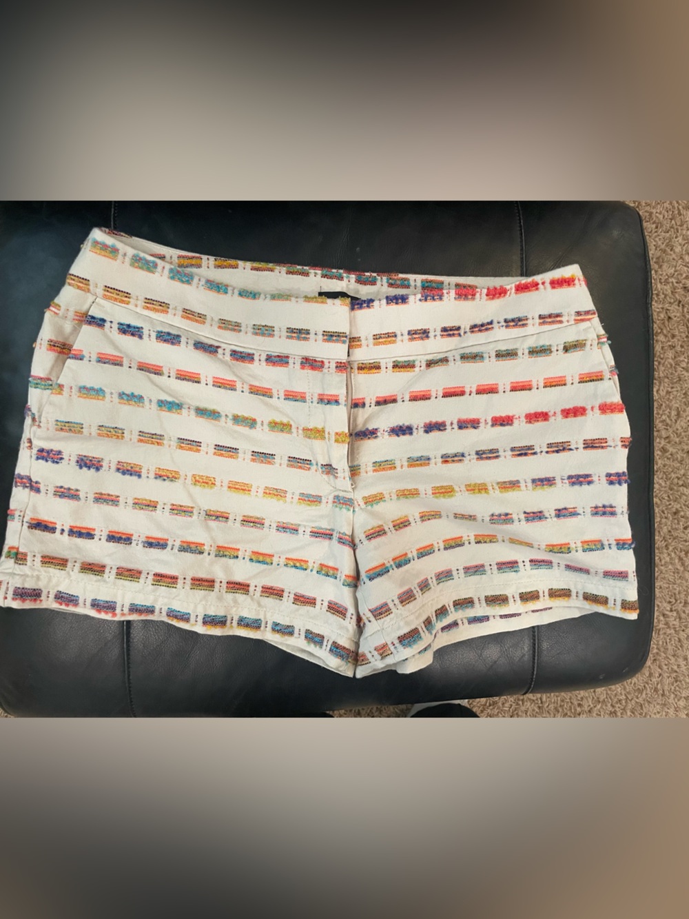 LOFT Off White Shorts with Multicolor Embroidered Stripe Detail